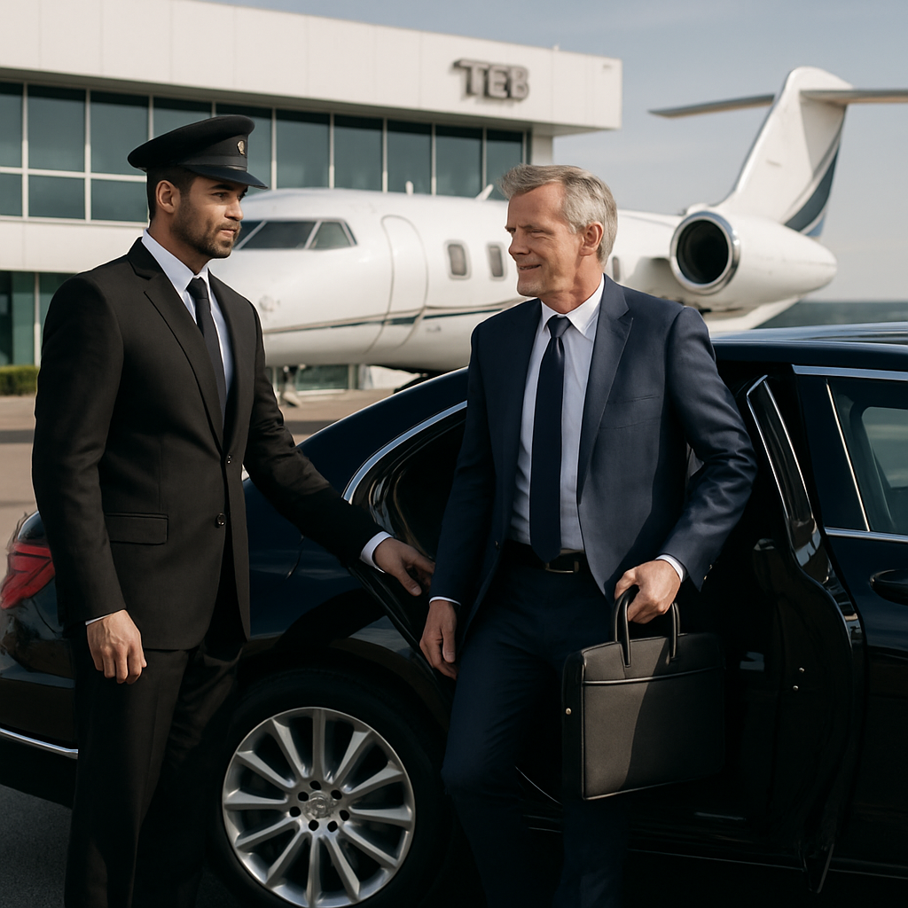 TEB Chauffeur Service - Focus: Providing premier chauffeur service to/from TEB. Highlight: Punctuality, professional chauffeurs, and luxury fleet comfort for all travelers.